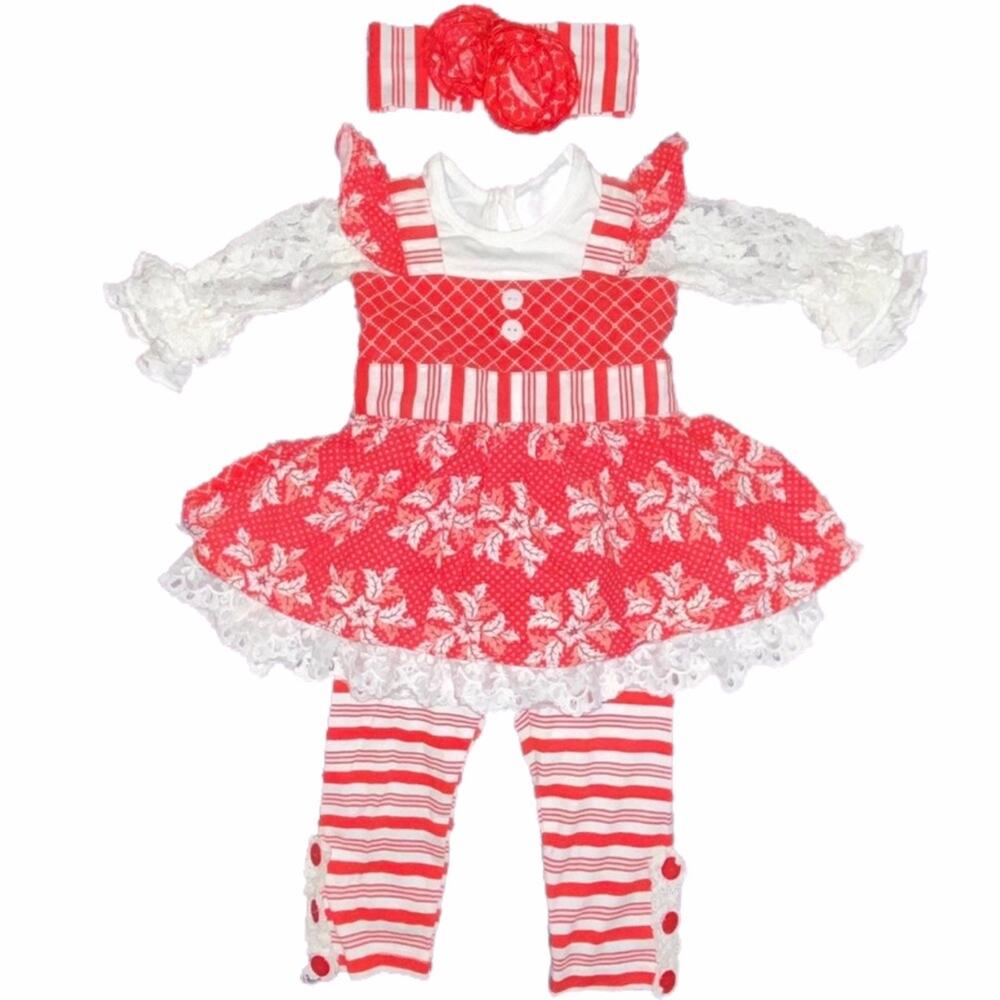9m Serendipity Baby Girls Boutique Candy Cane Christmas Outfit Headband Set